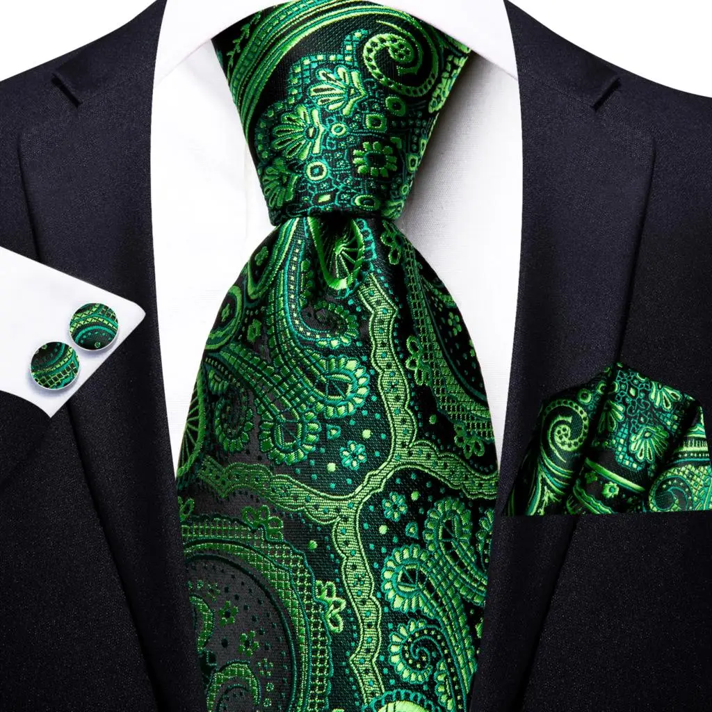 Paisley Striped Green Silk Tie For Men Handky Cufflink Gift Men Necktie Fashion Business Party Wedding Dropshiping Hi-Tie Design