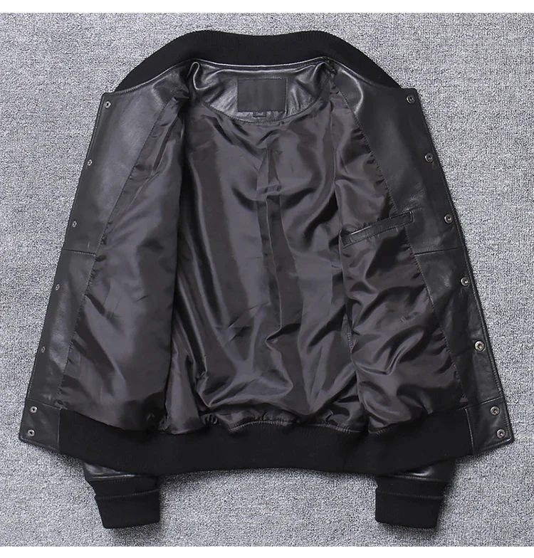 Description Picture 4 of itemFast Shipping Men's Genuine Leather Baseball Jacket Large Capacity Slim Fit Locomotive Black Soft Sheepskin Coat