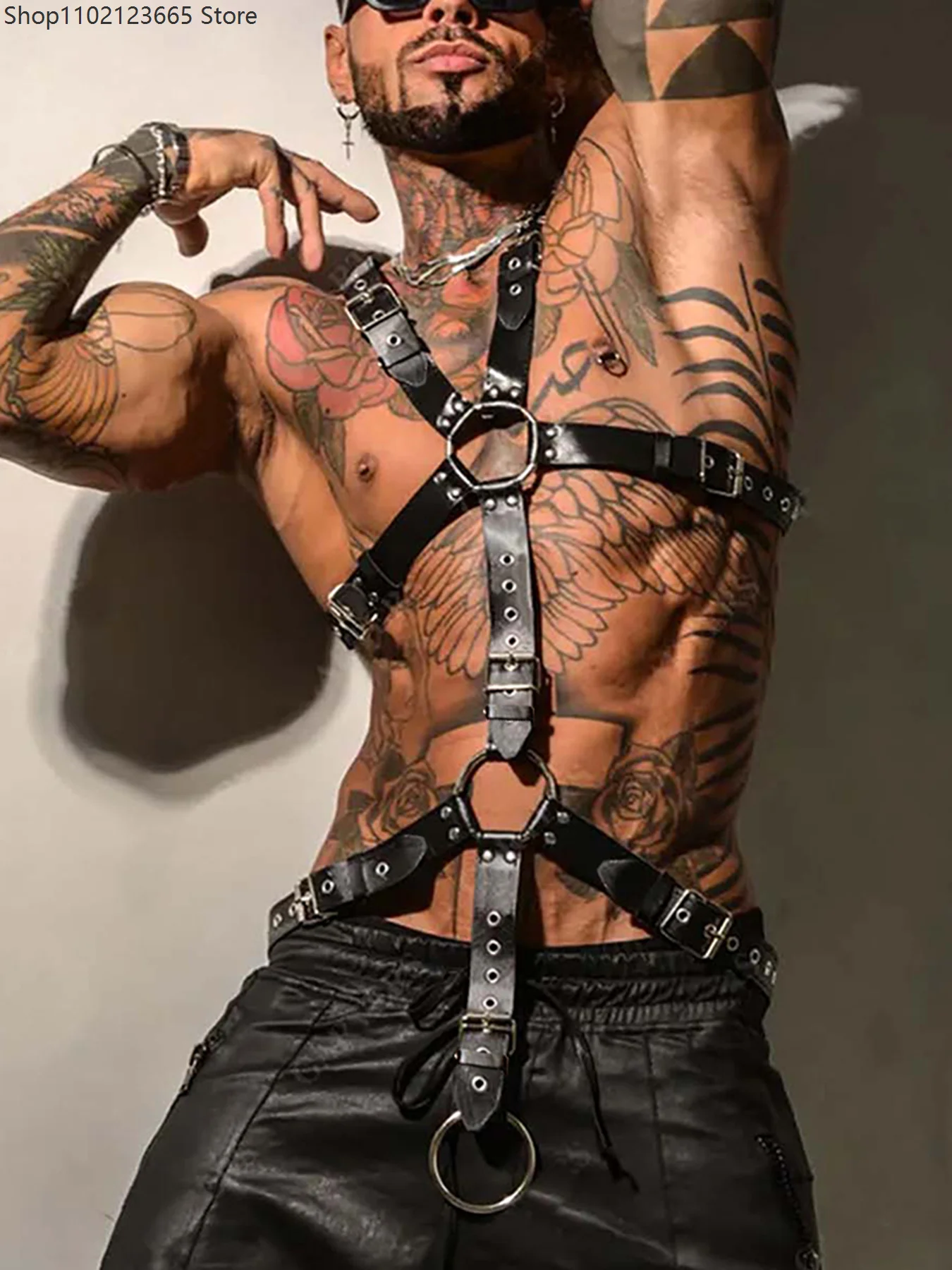 Imbracatura in pelle regolabile da uomo, stile Goth Punk, per cosplay, cintura pettorale con cinghie e O-ring, accessori per festival e rave. - immagine 3