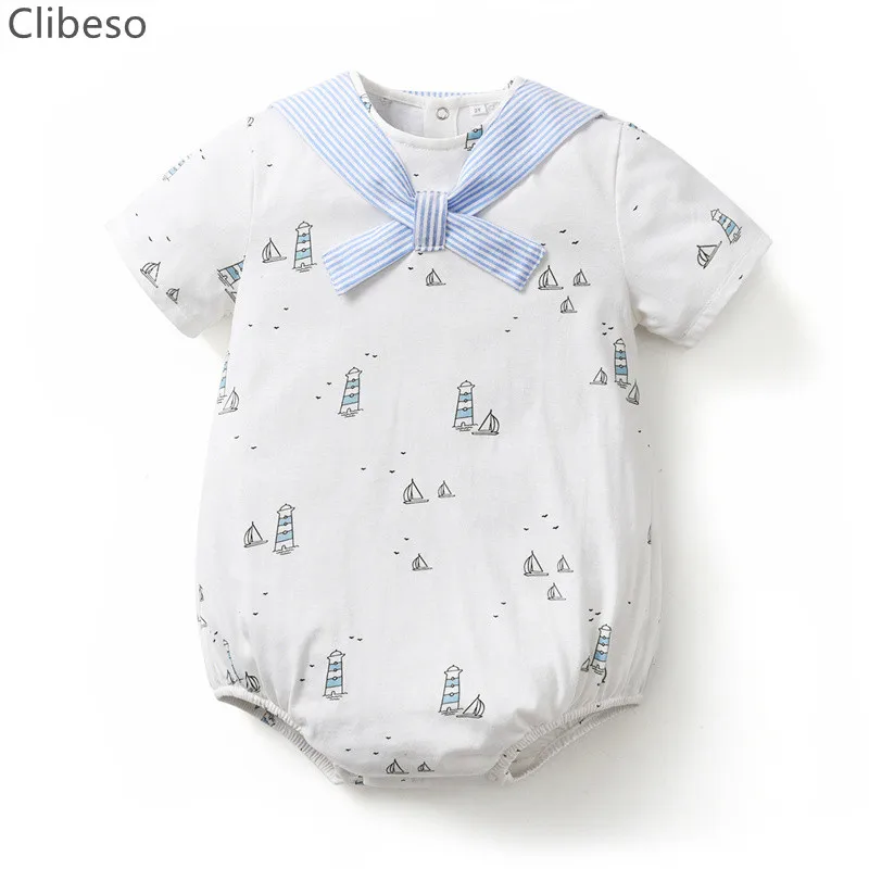 

Cliebso Baby Boy Bodysuit Newborn Pure Cotton Rompers Infant Summer Sailboat Prints Romper One Piece Outfits Sail Collar Clothes