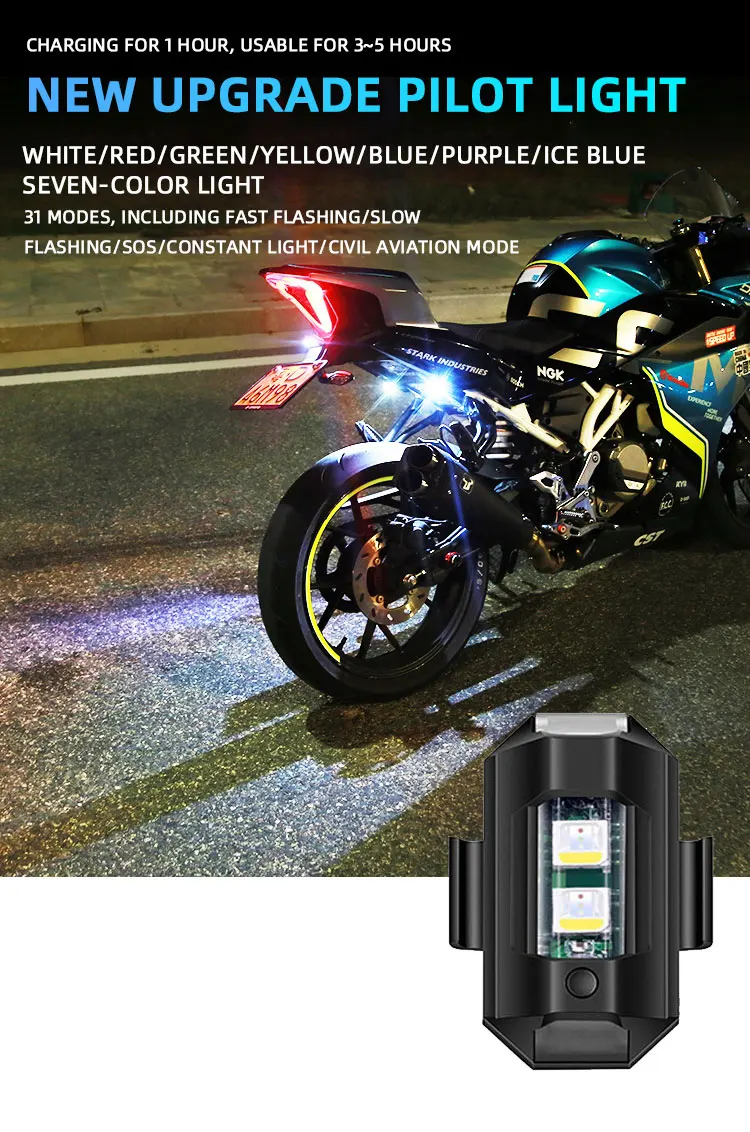Mini motorcycle strobe warning light – 7 colors USB-C rechargeable
