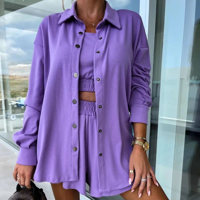 

Casual Tracksuit Shirts and Shorts 3piece Set Women Matching Sets Tank Top Button Cardigan Office Lady Clothes Fashion Outfits
