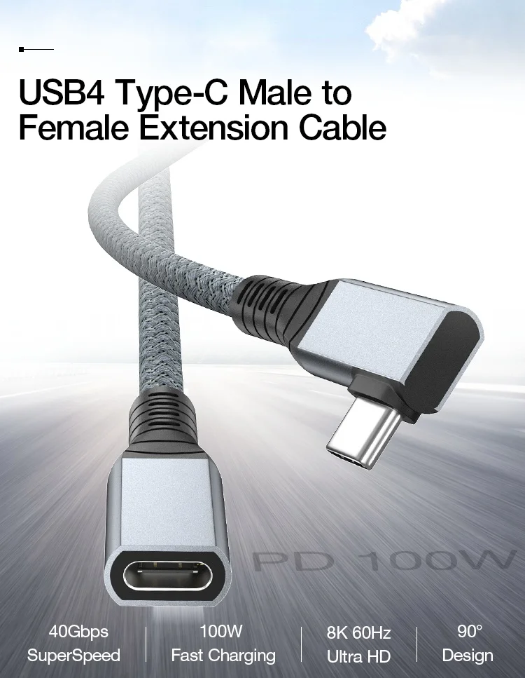 USB4 케이블 90도 USB-C-암 USB-C TB3/4 호환 8K@60Hz 40Gbps 데이터 전송 PD100W 5A 고속 충전 남성-여성 Ada