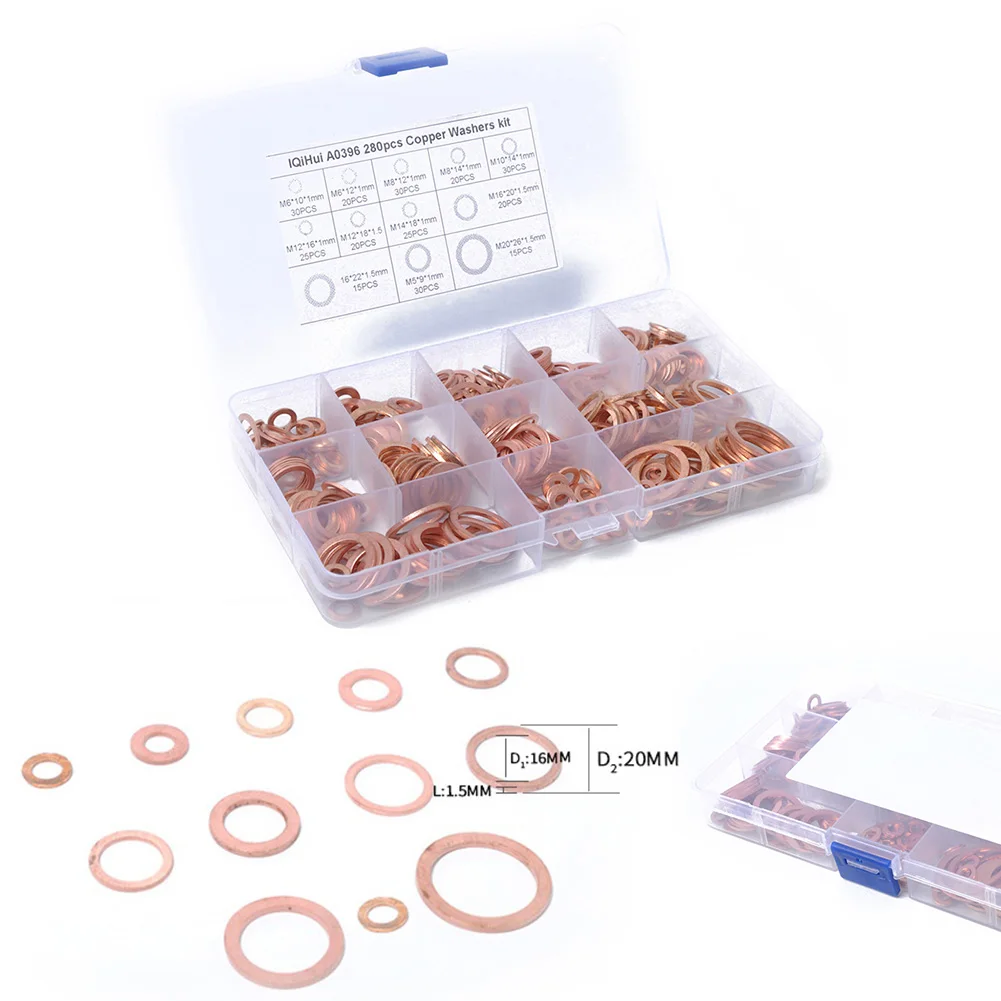 

12 Sizes Solid Copper Crush Washers Assorted Seal Flat Ring Hardware kit 280pcs