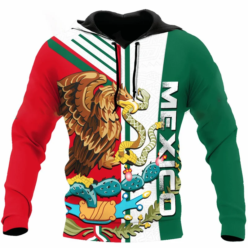 thumbnail image 1 of Sudadera con capucha con estampado 3D de la bandera de México y emblema nacional para hombre, sudadera de manga larga con estampado mexicano azteca, ropa de calle, 1 of 5