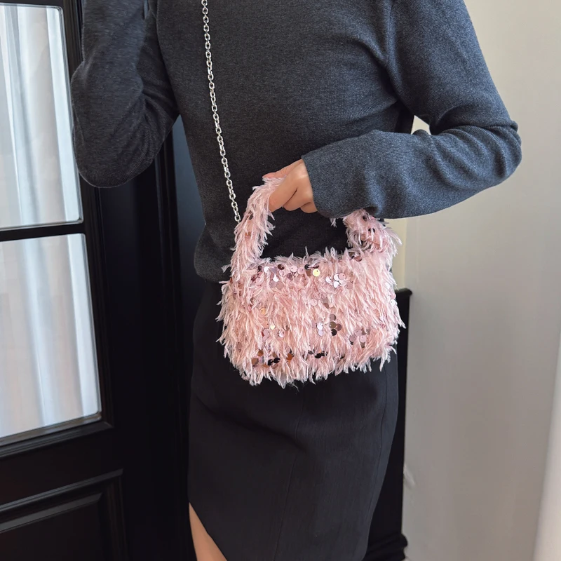 Luxurious Evening Clutch Detachable Strap Stylish Crossbody Bag Fluffy Feather Sling Bag Gathering Party Shopping Purse