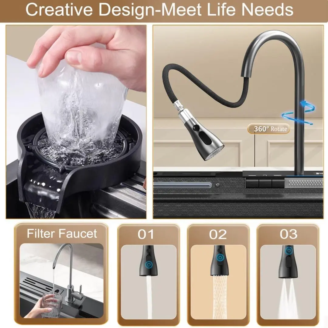 Black Kitchen Sink Twin Waterfall Kitchen Sink 31.5" Stainless Steel Single Bowl Sink with Faucet, Modern Honeycomb Workstation 3