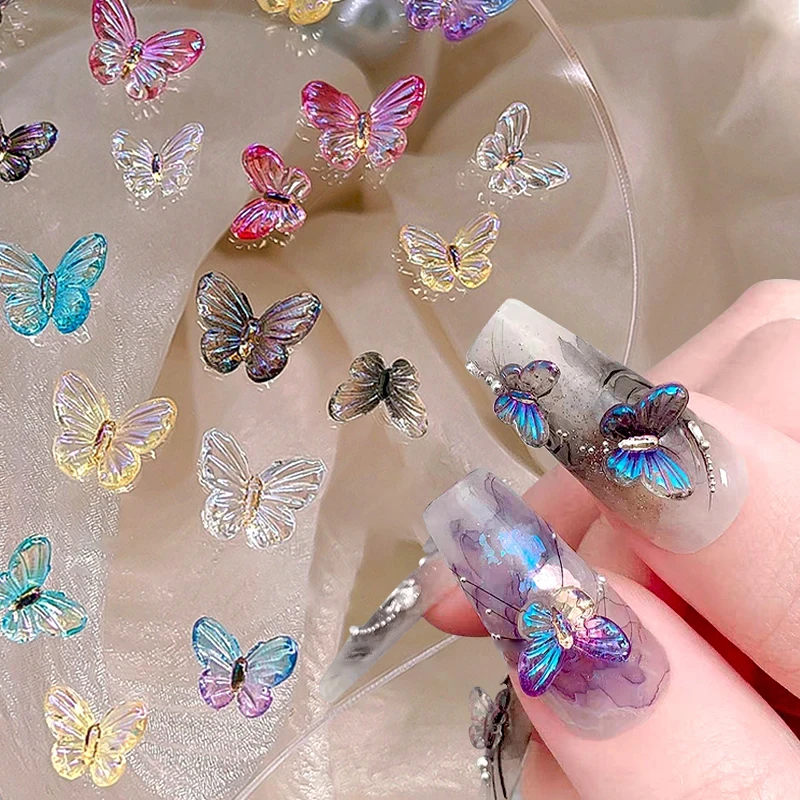 Purple 3D Butterfly Flowers Bowknots Heart Nail Charms Acrylic