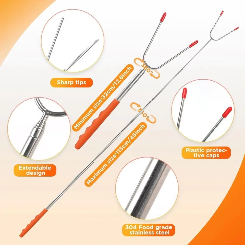 6pcs Telescopic BBQ Forks Marshmallows Roasting Sticks Stainless Steel Extendable Hot Dog Sausages Skewers Barbecue Tools