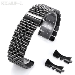 Premium Curved End Stainless Steel Watch Band with Butterfly Buckle - 22mm (Black)