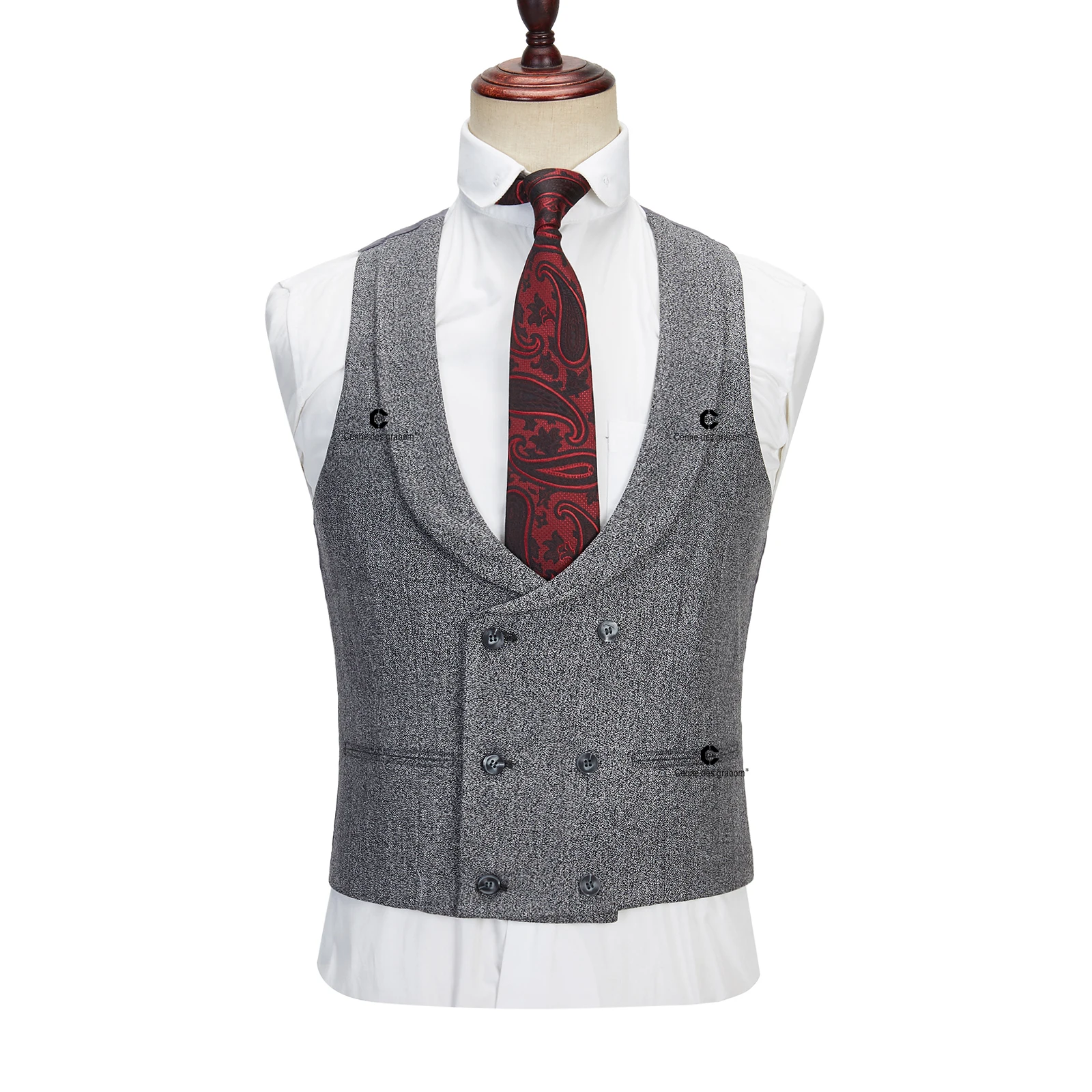 Cenne Des Graoom Elegant Grey Tweed Suits For Men Single Breasted 1 Buttons Jacket Vest Pants Slim Fit Wedding Business Meeting 3
