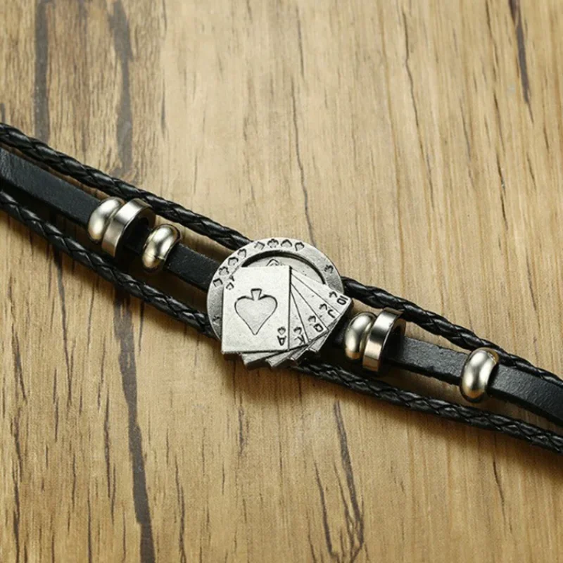 Men's Leather Bracelets Vintage Lucky Poker Card ID Stars Bar Charm Multilayer Strand Bracelet Male Jewelry Gift Metal Bracelet