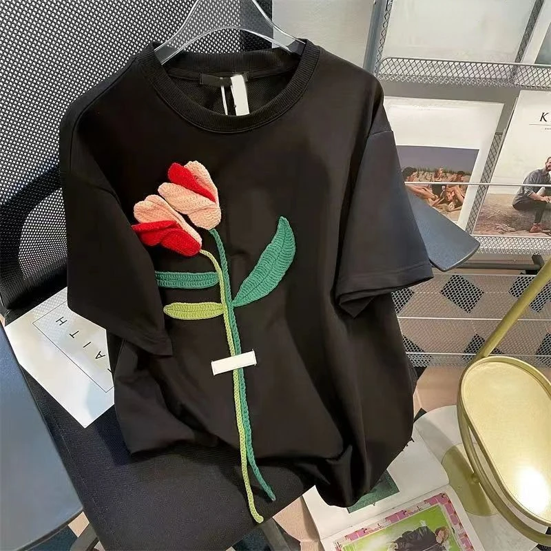 

DAYIFUN 2023 Cartoon Printing Appliques T-shirt Women Korean Fashion Half-sleeve O Neck Tshirt Sweet Harajuku Style Tees Tops