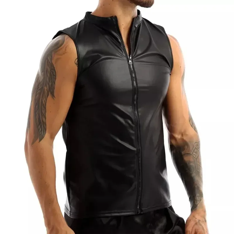 

Plus Size Mens Sexy Soft Leather Sleeveless Shirts Erotic Shaping Sheath Stretch Tank Tops Male Shiny Leather Bodycon Sexi