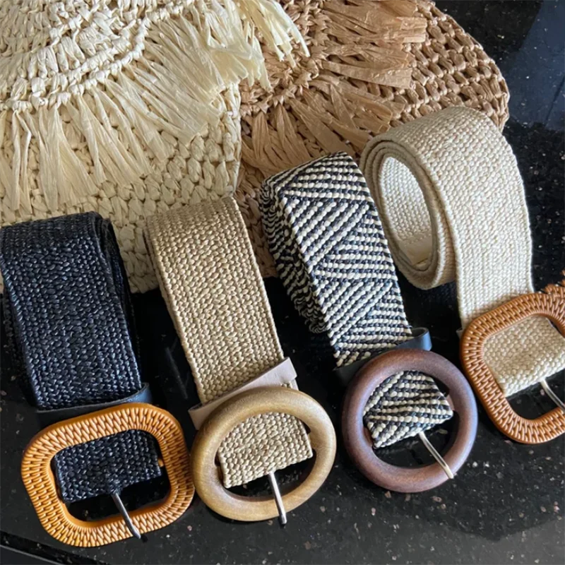 38.58'' STRAW STRETCH BELT Boho Bohemian Raffia Belt for Women  Women’s Brown Wicker Style Summer Straw Belt with Woven Buckle