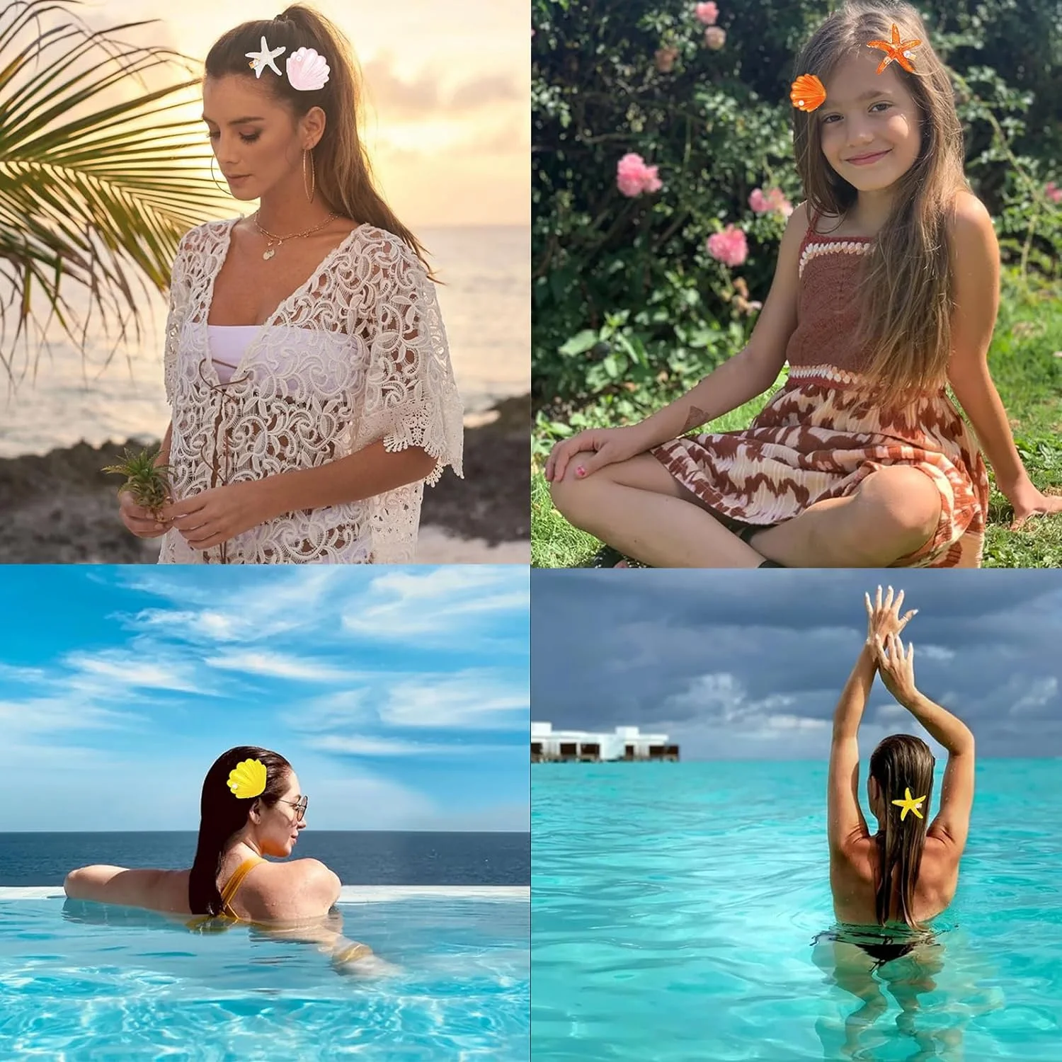 FRCOLOR 2 Fasce Per Capelli Elastiche A Forma Di Stella Marina E Conchiglia, Con Perle E Pizzo, Regolabili, Per Donne E Ragazze