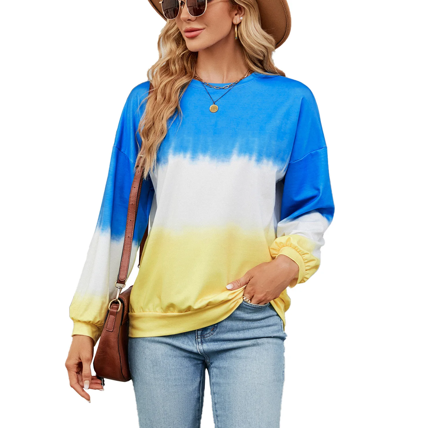 Chamliforve 2023 Autumn Winter New Tie-dye Contrast Color Round Neck Long Sleeve Loose Hoodie Ladies Top Winter Clothes Women