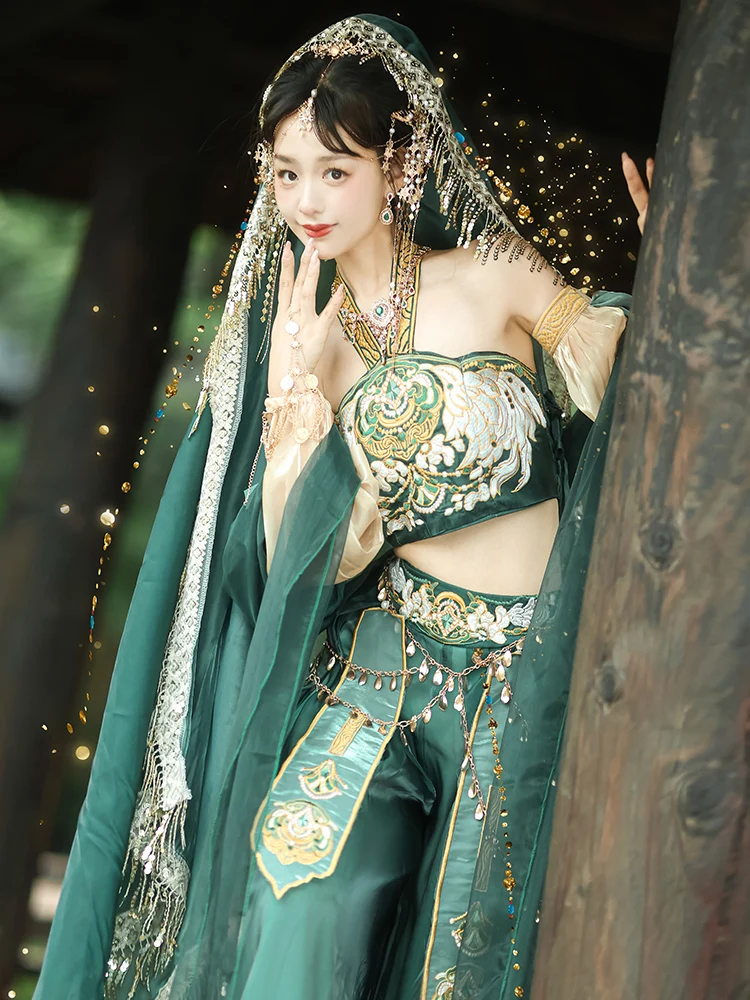 Guo Huang Flying Princess girls exotic style Hanfu dance costume with embroidery green 6-piece set  ancient chinese costume