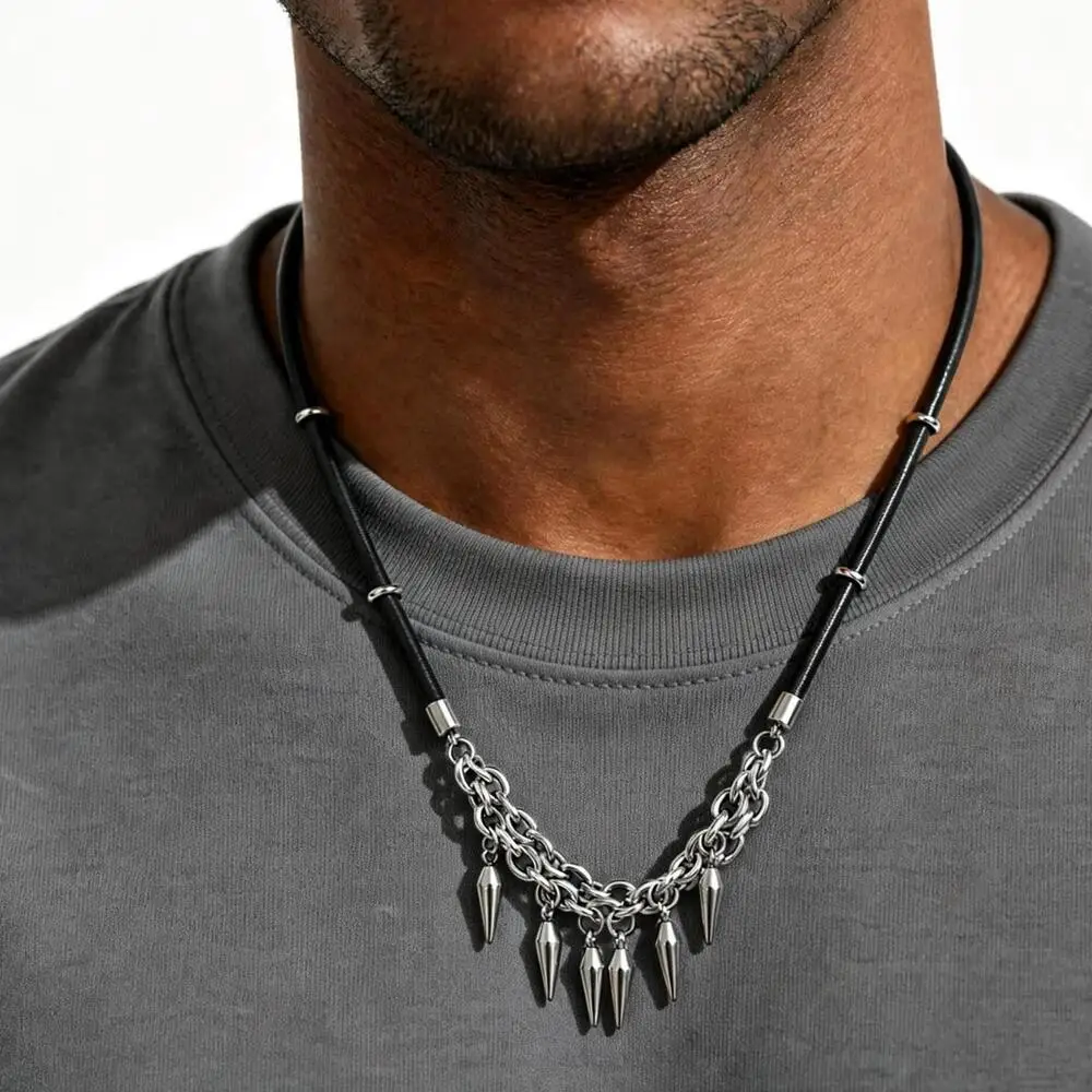 Rock-Punk-Nieten-Lederkette für Männer, Edelstahl-Quastenkette Choker, Street-Rapper-Biker-Schmuck Geschenk