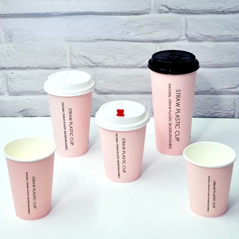 50pcs Pink Disposable Tea Cup Party Birthday Wedding Favor Creative Cold and Drink Paper Cups Coffee Tea Packaging Cups with Lid