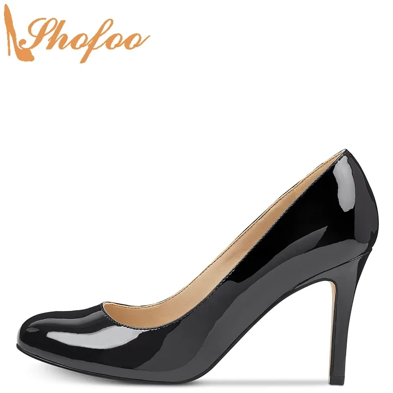 

Black Pumps High Thin Heels Women Round Toe Slip On Large Size 14 16 Ladies Summer Fashion Patent Leather Mature Shoes Shofoo