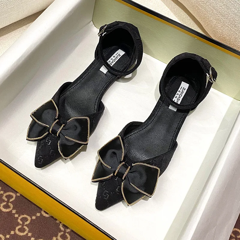 

Plus Size 35-43 Women Sandals Flat Pumps Low Heel Point Toe Bow Knot Designer Style Summer Wedding Party Office Ankle-Wrap Shoes