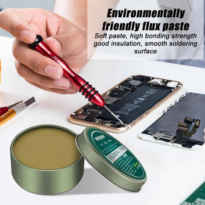 Tube de flux à souder 30g pour électronique SMD, avec étiquette détaillant les spécifications.