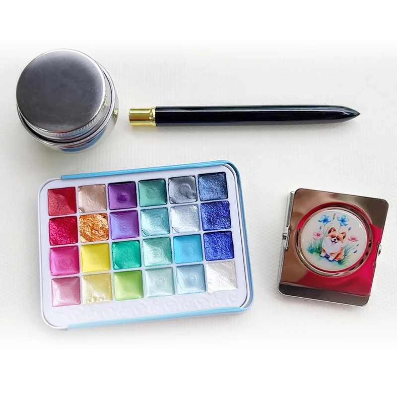 Professional Pearl Watercolor Set: 24 Metallic Colors, Travel Brush & Fine Grain Sketchbook with Embroidery Bag Art Supplies