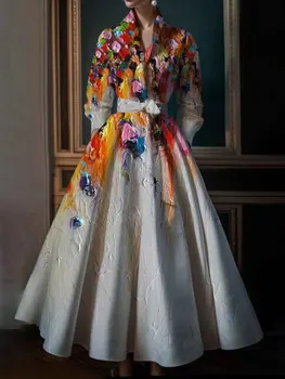 Elegant Floral Printing Maxi Dresses Multicolor Turndown Collar Long  Sleeve Cotton Long Dress Party Wedding Evening Dress 2024 1