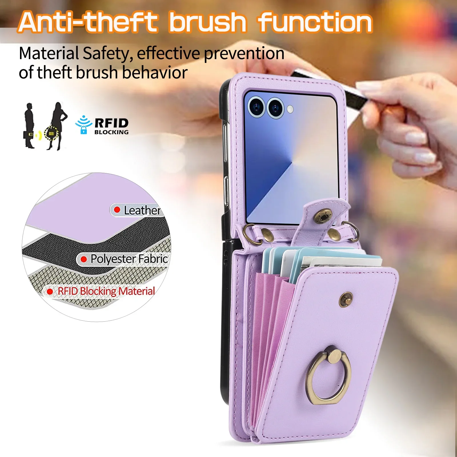 Leather Wallet Phone Case with Ring Card Holder and Crossbody Strap - Premium Protective Cover