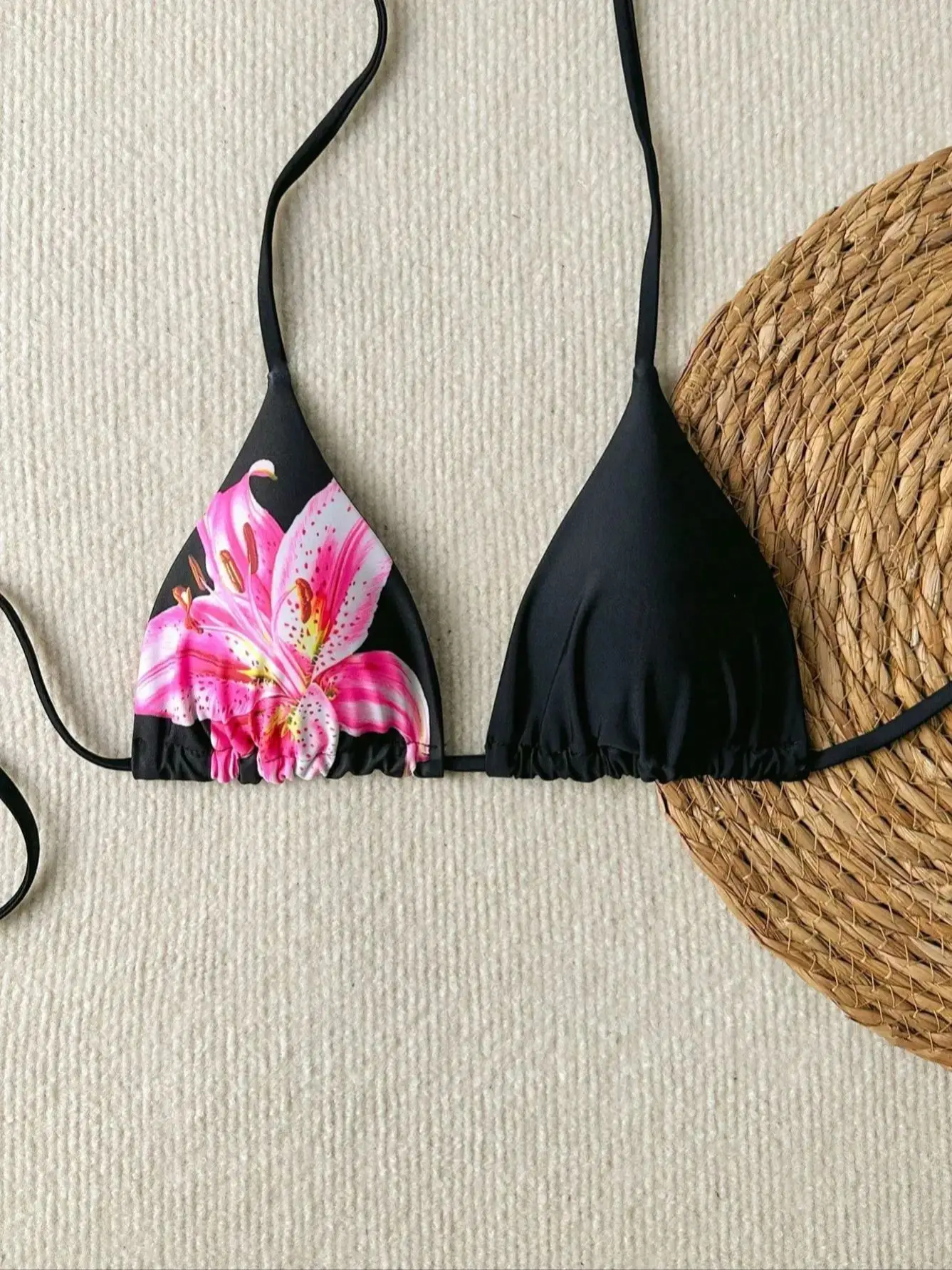 Women's Elegant High-Stretch Floral Bikini Top | Black with Pink & White Tropical Print, Adjustable Tie Straps
