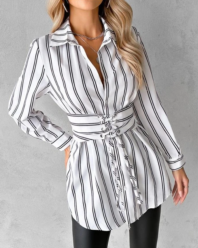 Women Shirts and Blouses 2023 Feminine Top Long Sleeve Lace Up Button Detail Casual White Turn-Down Collar Women Loose Shirt Top