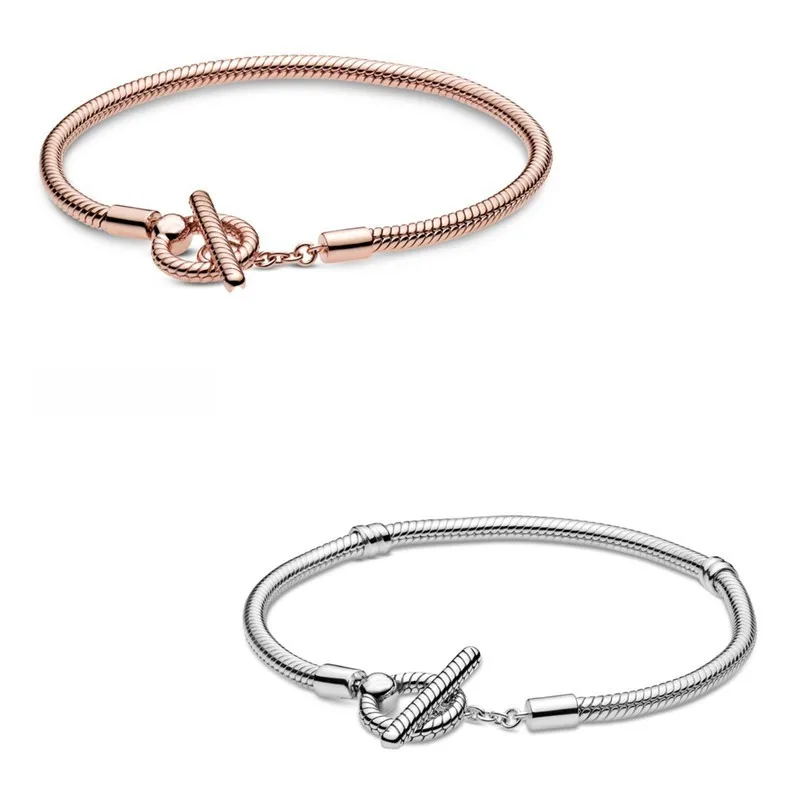 

Authentic 925 Sterling Silver Moments Rose Gold T-bar Snake Chain Bracelet Bangle Fit Bead Charm Diy Fashion Jewelry