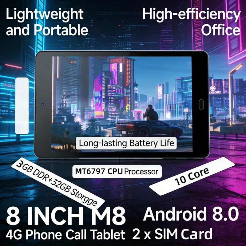 8인치 M8 RAM 3GB+ROM 32GB EMMC 3G 안드로이드 8.0 태블릿 PC 1920 x 1200 픽셀 MTK6797-10코어 1.6GHz 3G/4G 통화 지원