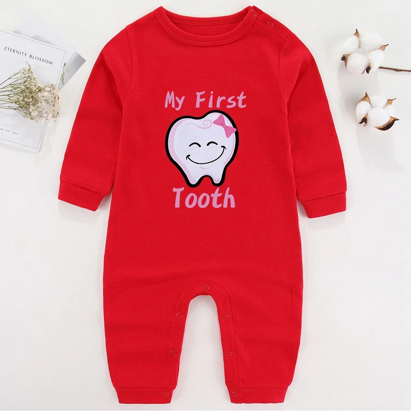 My First Tooth Baby Girl Winter Clothes Cotton Newborn Baby Boy Costume Long Sleeve Romper for Babies Infant Outfits bulk baby bodysuits	 Baby Rompers