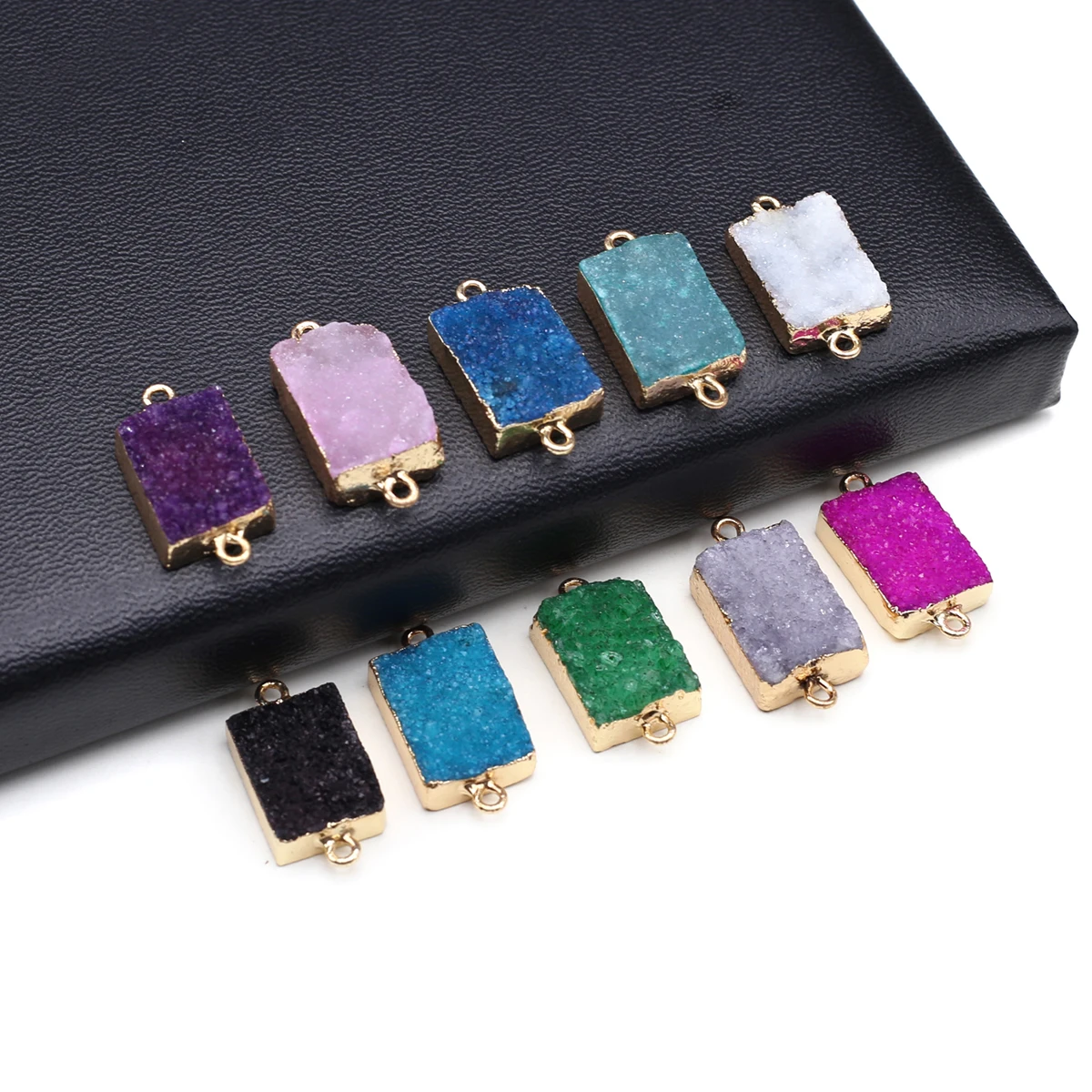 Natural Stone Pendant Connectors Rectangle Shape Healing Druse Geode
