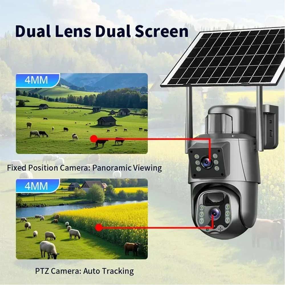 4K 8MP WiFi Solar Camera Outdoor Wireless CCTV Surveillance Camera with Solar Panel Dual Lens IP PTZ Cam Security Protection 3