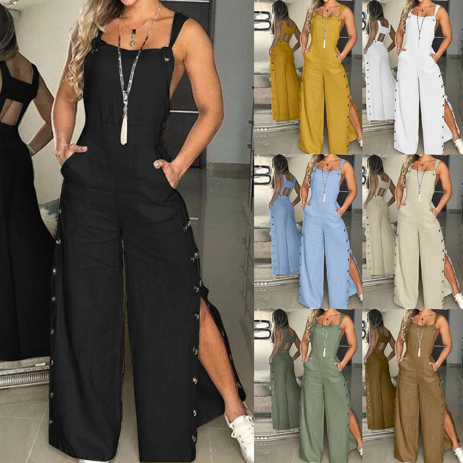 Women Summer Sleeveless jumpsuits Twisted Knot Cotton  Strappy Button Openings Women's Jumpsuits Loose Long Pants With Pockets