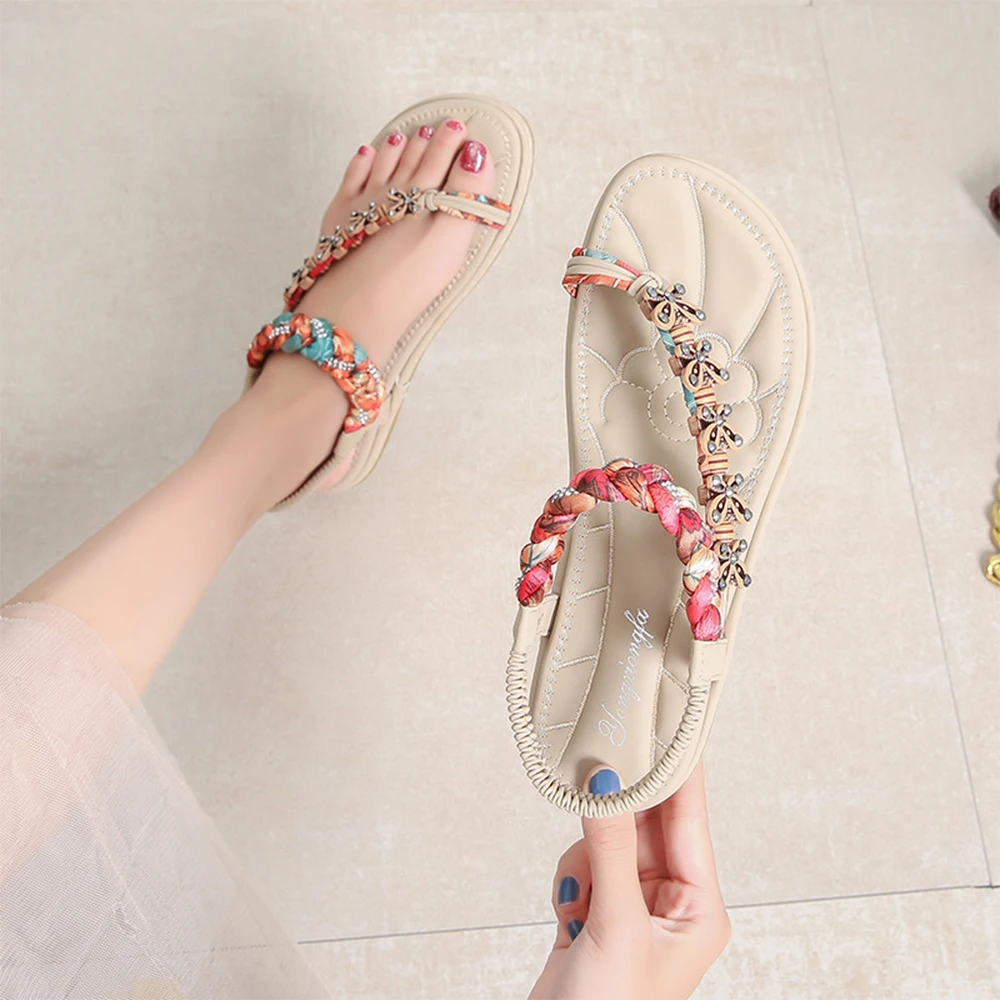 Bohemia 2024 New cross -border large -size flat -bottomed rhinestone sequins woven sandals open -toe beach sandals