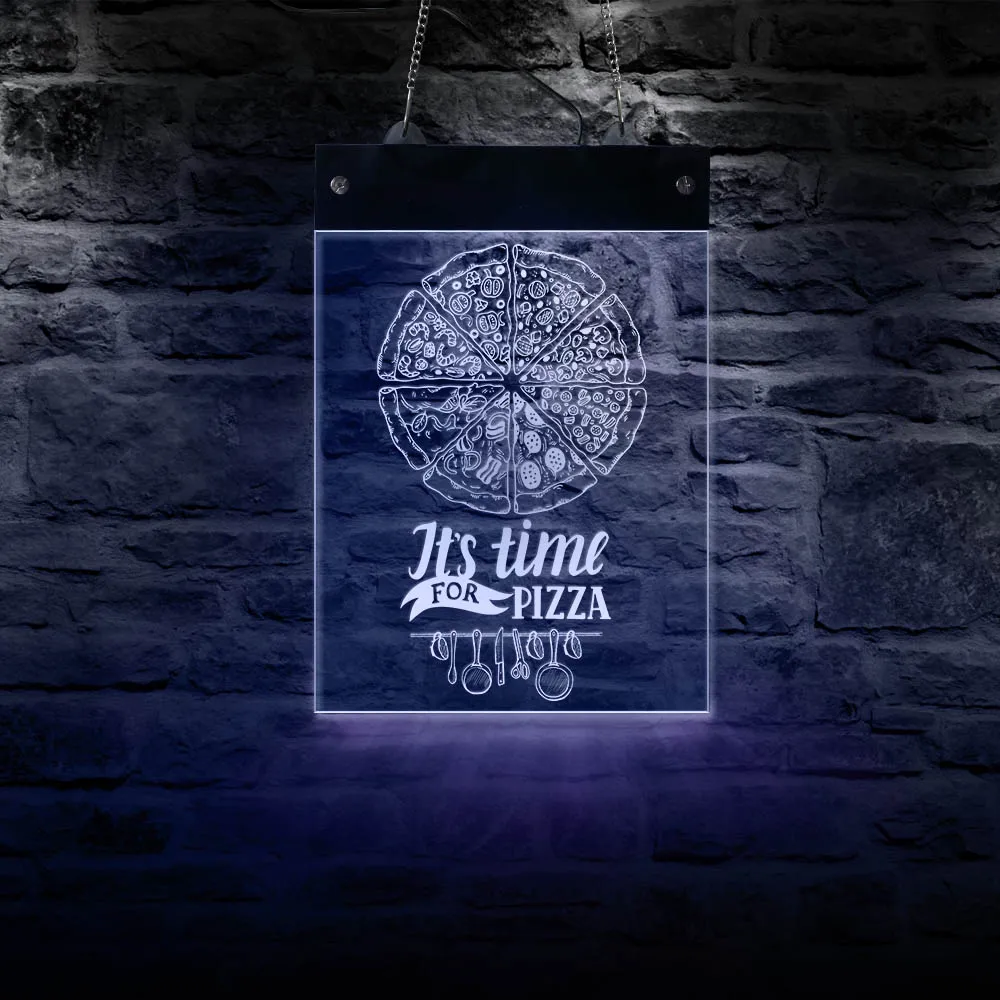È Il Momento Per La Pizza Led Hanging Wall Sign Pizza Shop Multi-Color Led Lighting Wall Art Electric Rectangle Advertising Board