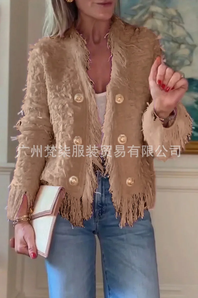 سترة قصيرة بأزرار معدنية عصرية للنساء بلون سادة وأزرار للخريف ورقبة مستديرة للنساء