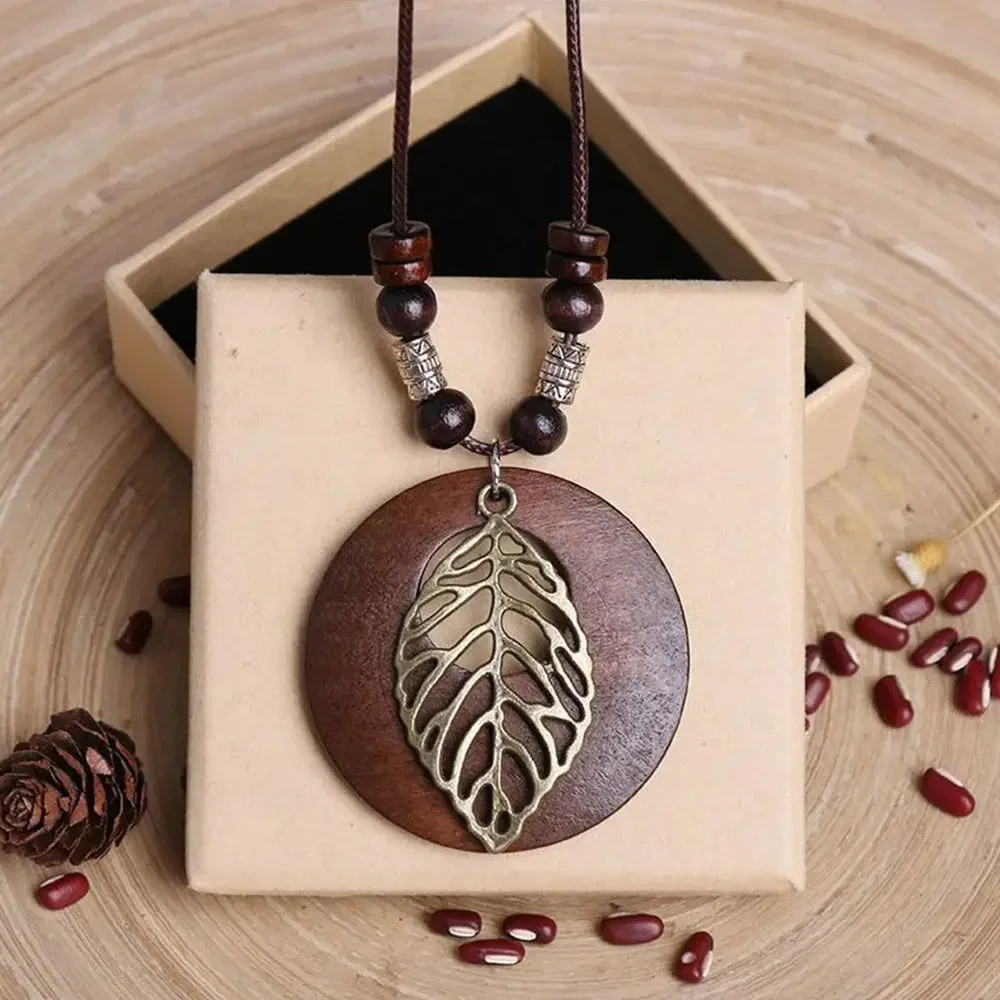 Vintage Wooden Owl Pendant Necklace - Ethnic Long Chain Jewelry