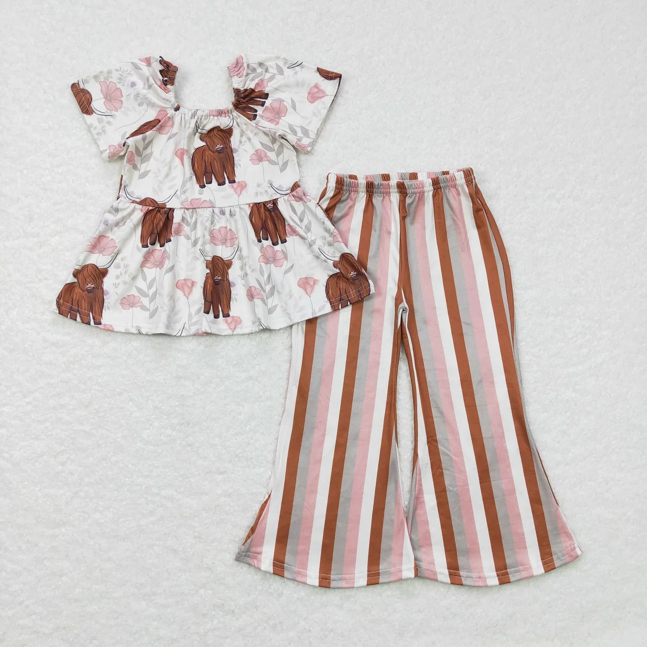 

Wholesale Children Kids Short Sleeves Cow Outfit Baby Girl Floral Short Sleeves Tops Stripes Pants Toddler Infant Western Set