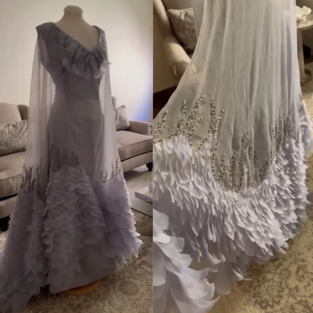 

Zhitomyr Fashion V-neck A-line Prom Dresses Layered Paillette Rhinestone Stole Floor Length Organza Custom Dress