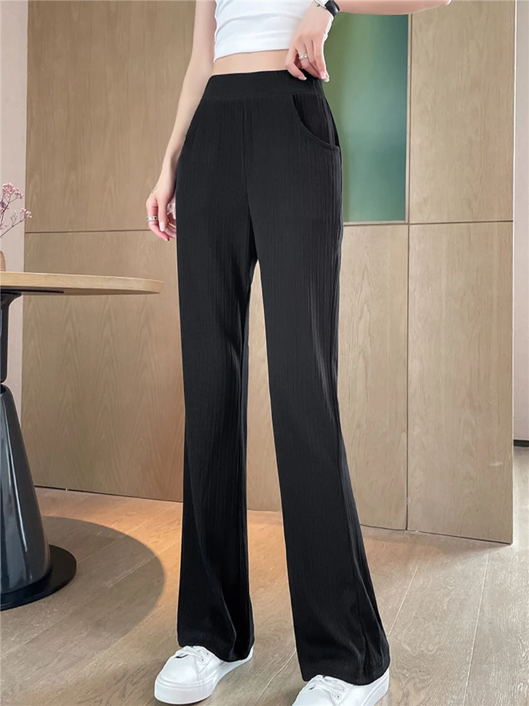 2023 신상 여성 하이웨이스트 와이드 레그 아이스 실크 얇은 여름 슬랙스 벨바텀 플레어 캐주얼 팬츠 한국 스타일 출퇴근룩