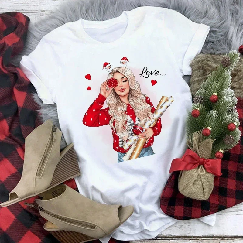 

Women T Shirts New Year Winter Season Cute Merry Christmas Print Tshirts Top T Shirt Ladies Graphic Female Tee T-Shirt