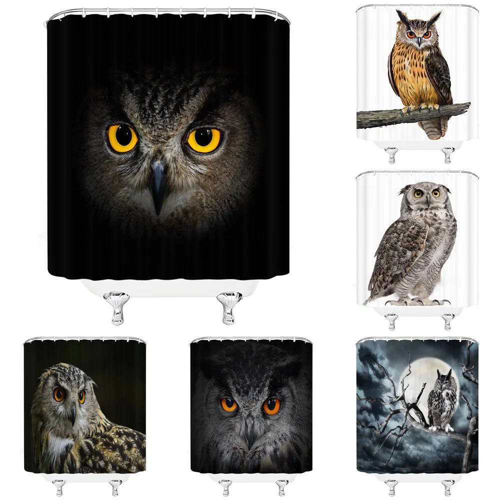 

Animal Shower Curtain Full Moon Cute Owl Tree Branches Bath Curtains Waterproof Polyester Fabric Bathroom Decor Screen With Hook