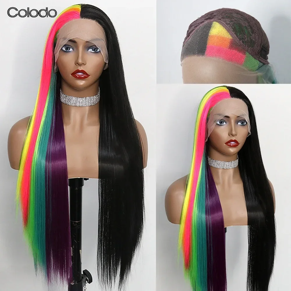 

COLODO Highlight Synthetic Colored Wigs for Woman Silky Straight Lace Front Wig Drag Queen Ombre Rainbow Preplucked Glueless