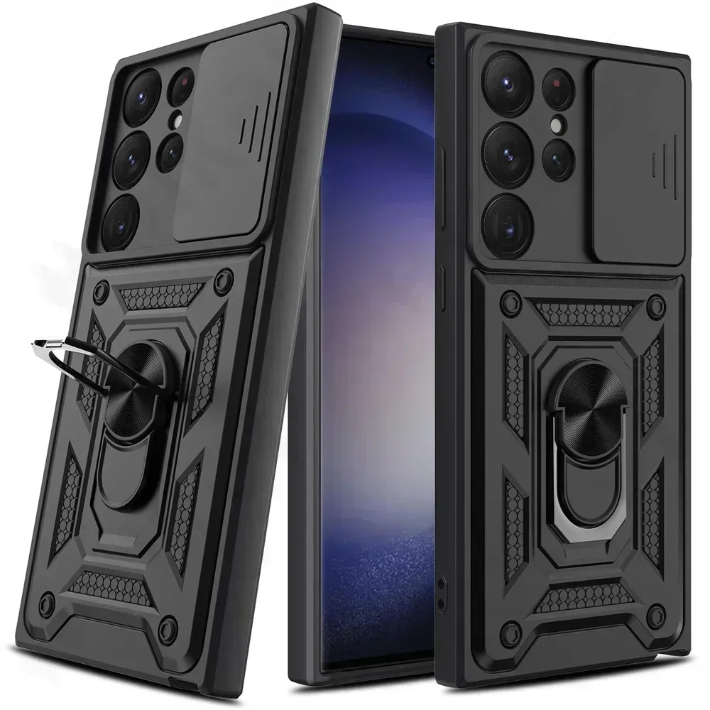 All-in-One Camera Lens Protector Phone Case with Rotating Ring Stand and Armor Cover