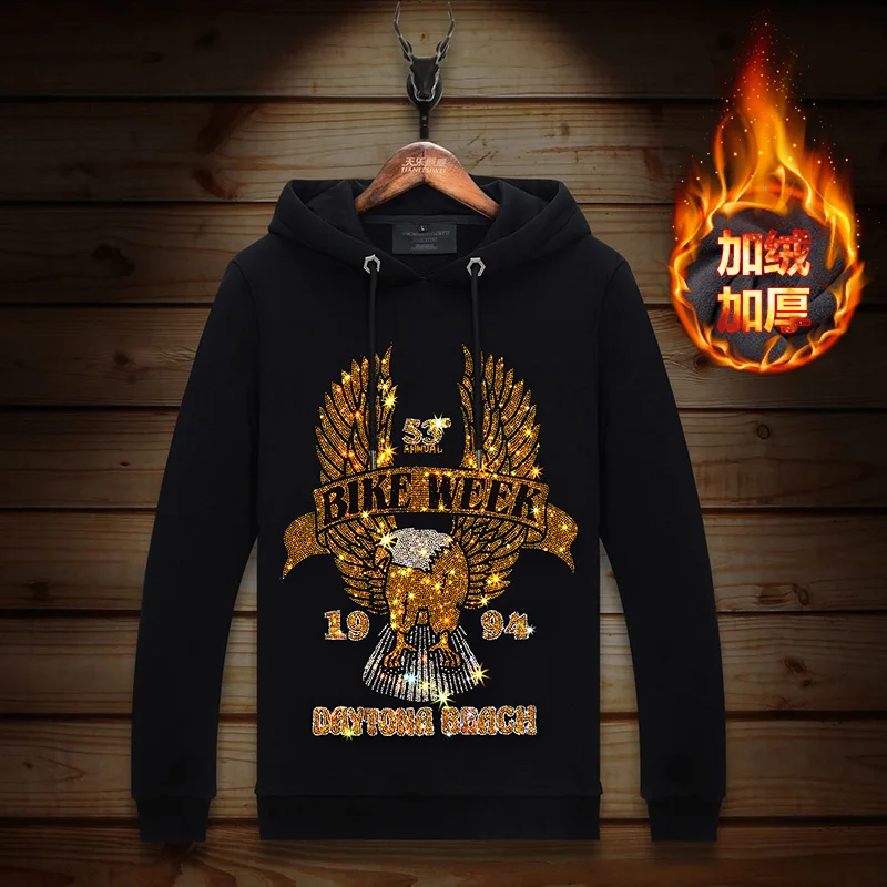 

2024 Womens Hooded Hoodies Sweatshirts Eagle Rhinestones Fashion Streetwear Full Belt Pullover Hoodie Woman Thick Winter Clothes